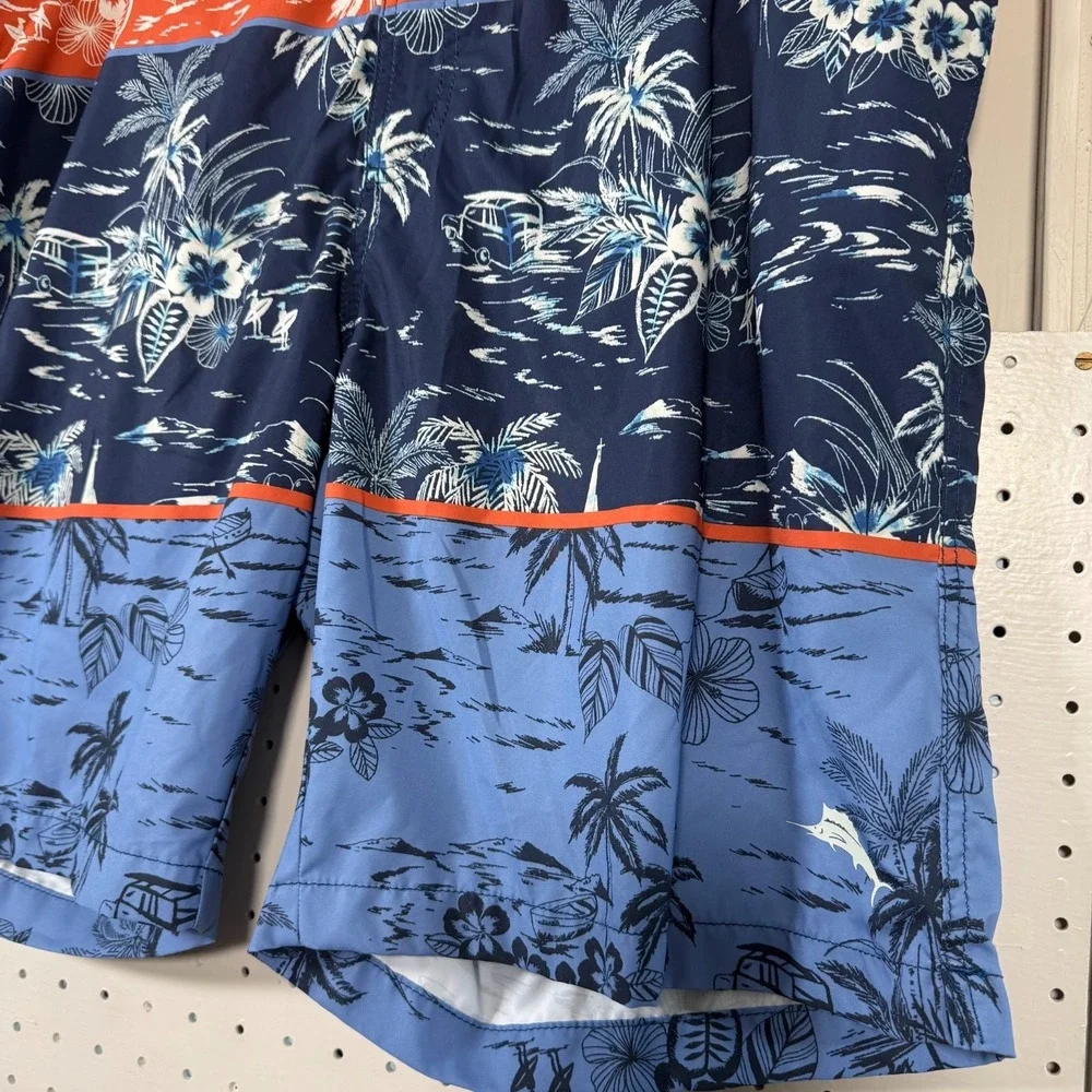 Tommy‎ Bahama Baja Palms Board Shorts Men's Blue Orange Drawstring Beach - 2XL